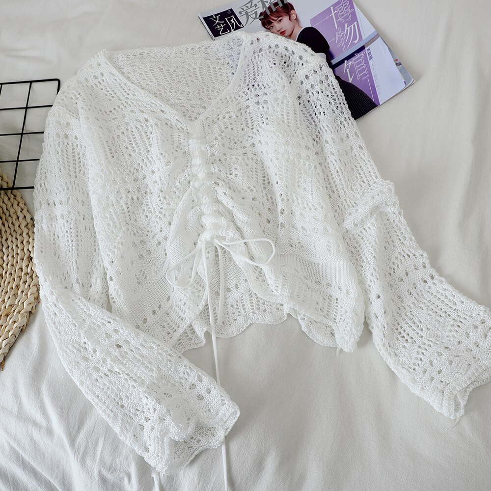 HISUMA Autumn V-Neck Lace Up Bandage Drawstring Women Hollow Knitted Sweater Shirt Lady Short Elastic Slim Pullover Blouse Tops