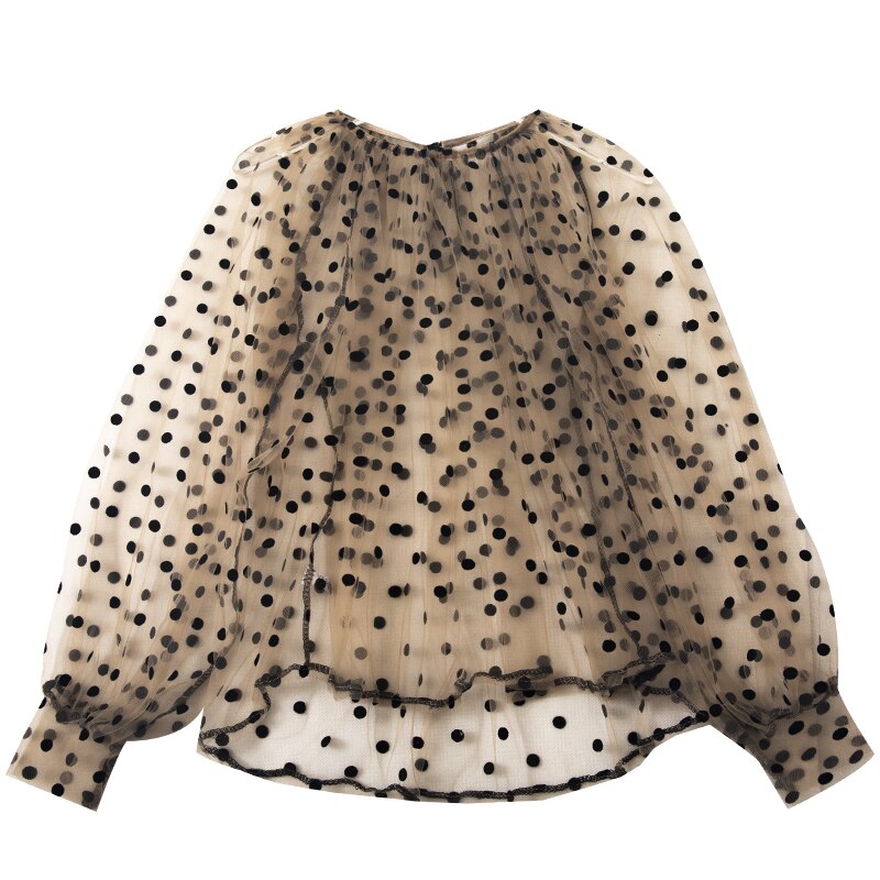 HISUMA Women O-neck Lantern Sleeve Pullover Embroidery Polka Dot Voile Basic Shirt New Elegant Lady Mesh Gauze Tulle Blouse Tops