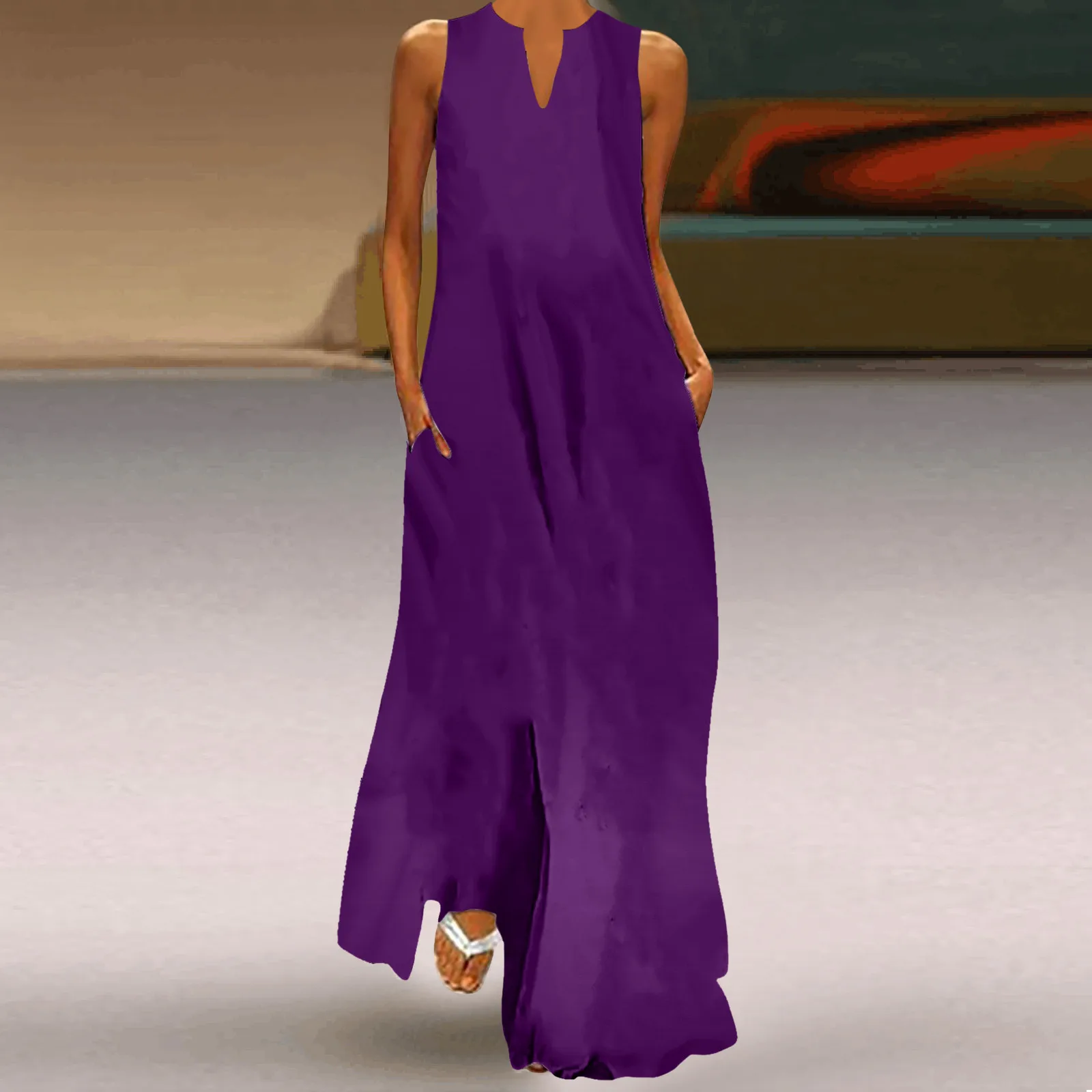 Elegant Beach Long Dress For Women Summer Sleeveless V Neck Maxi Dress Summer Casual Swing T-Shirt Dresses For Ladies 2024