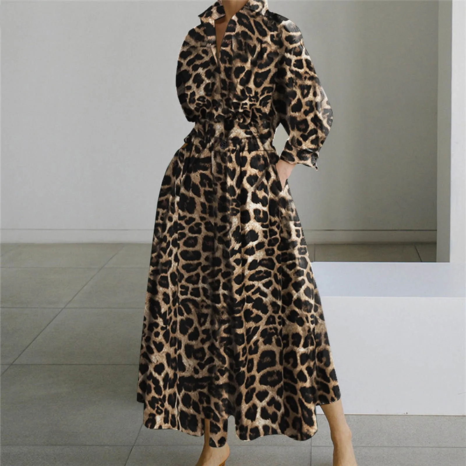 Leopard Print Long Sleeved Shirt Dress For Women Elegant Sexy Clothing High Waist Tunic Ruffle Hem Flowy Long Dress With Pockets