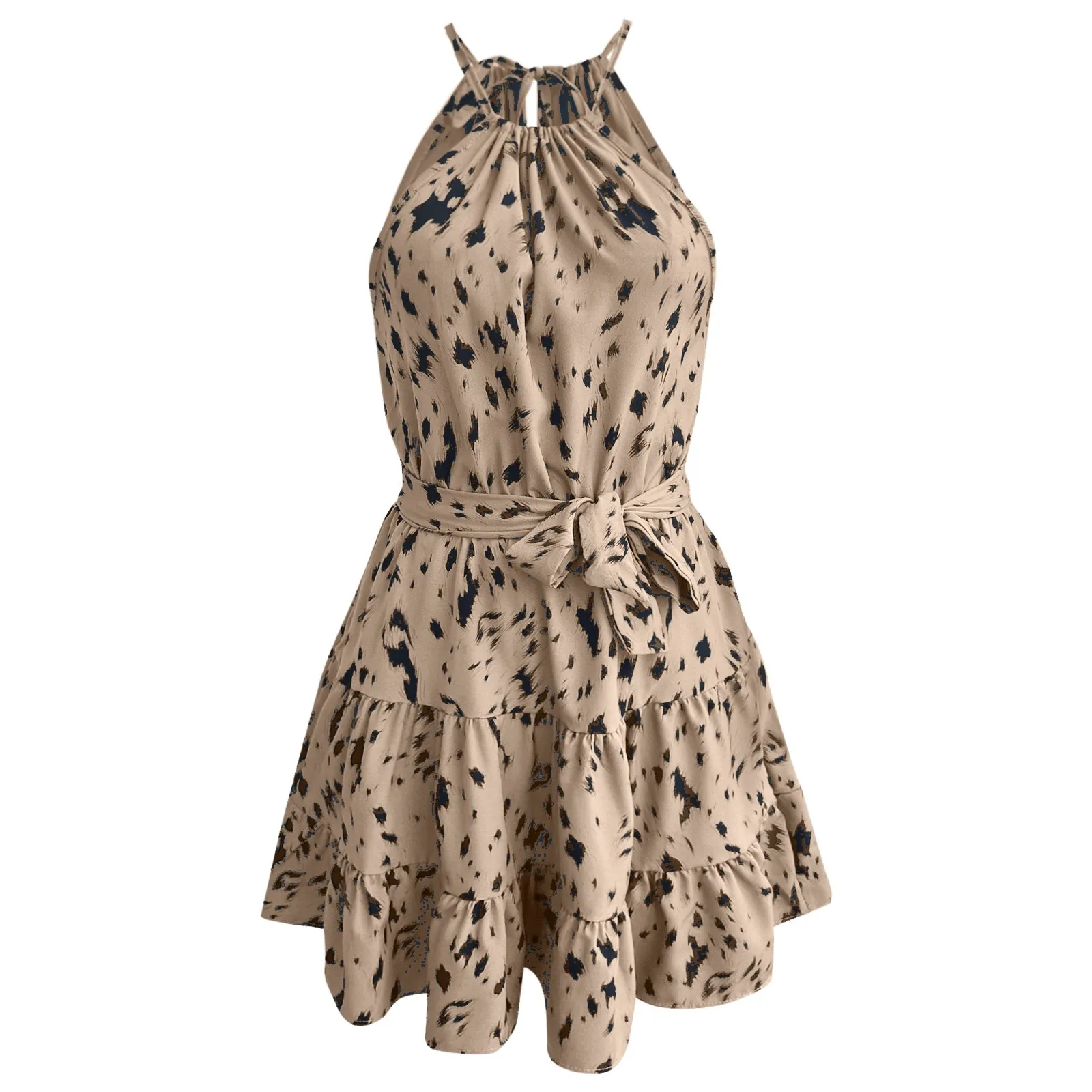 Leopard Printed Sexy A Line Dress Women Party Club Hanging Neck Drawstring Waist Short Dress Ruffled Hem Tiered Sleeveless Dress