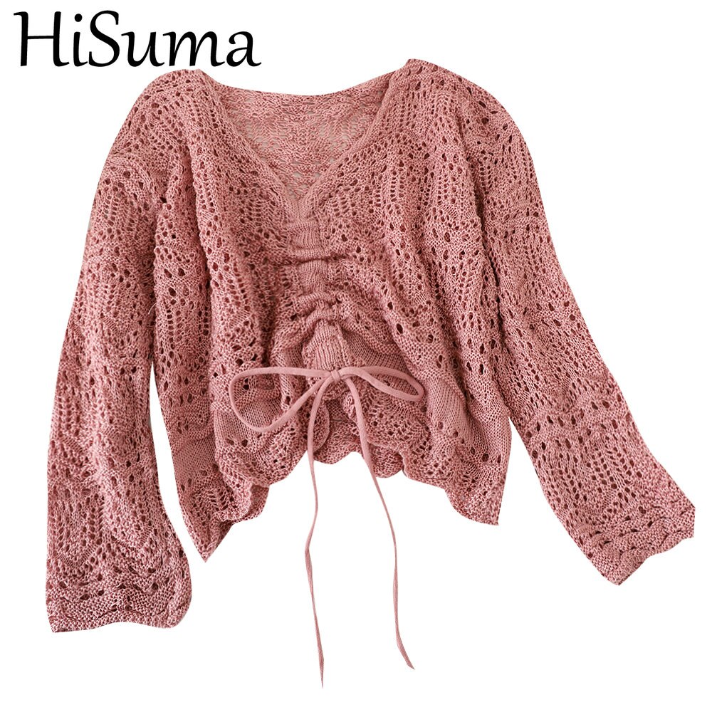 HISUMA Autumn V-Neck Lace Up Bandage Drawstring Women Hollow Knitted Sweater Shirt Lady Short Elastic Slim Pullover Blouse Tops