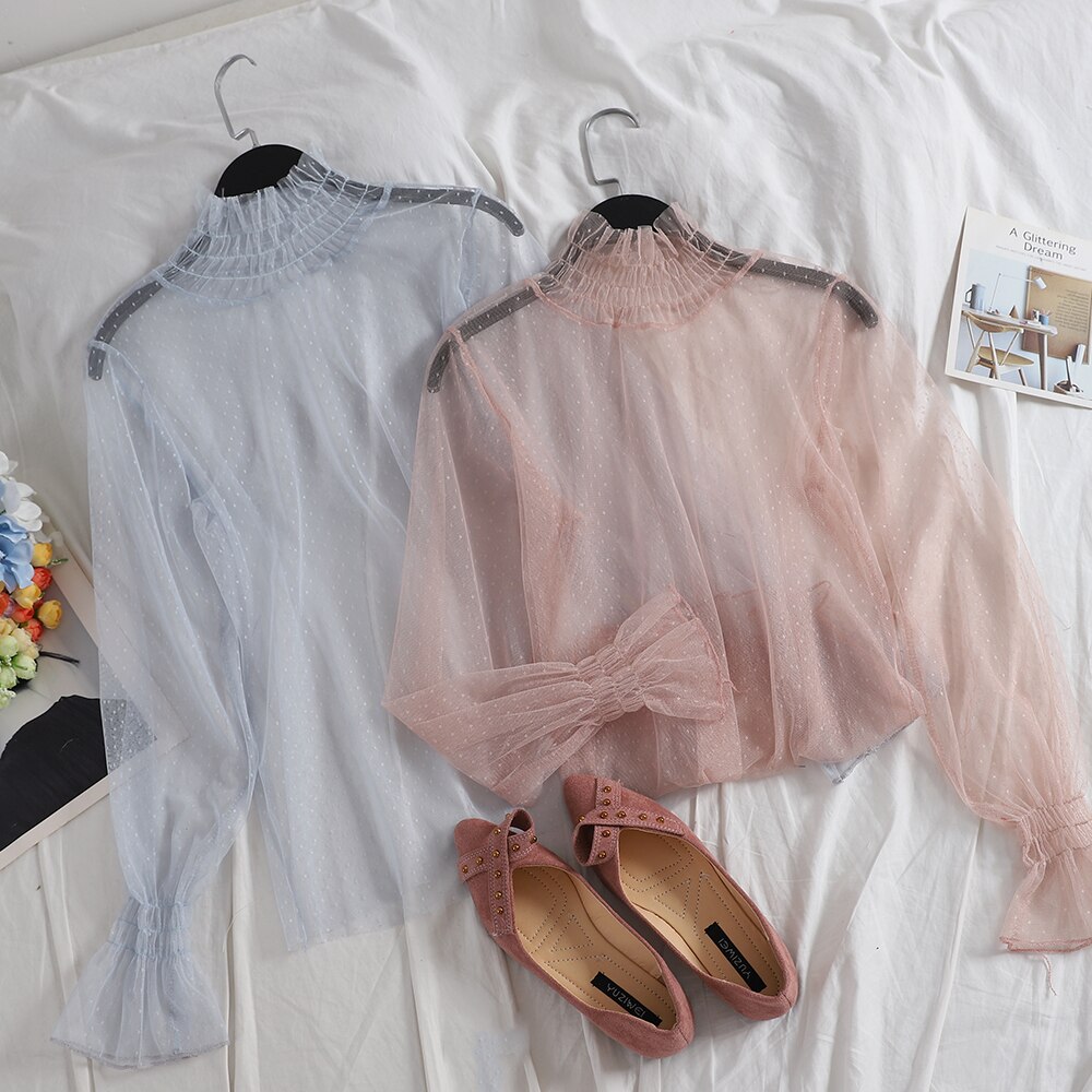 Autumn Women Flare Sleeve Embroidery Polka Dot Lace Basic Ruffles Shirt Lady Elastic Slim Mesh Gauze Pullover Chic Blouse Tops