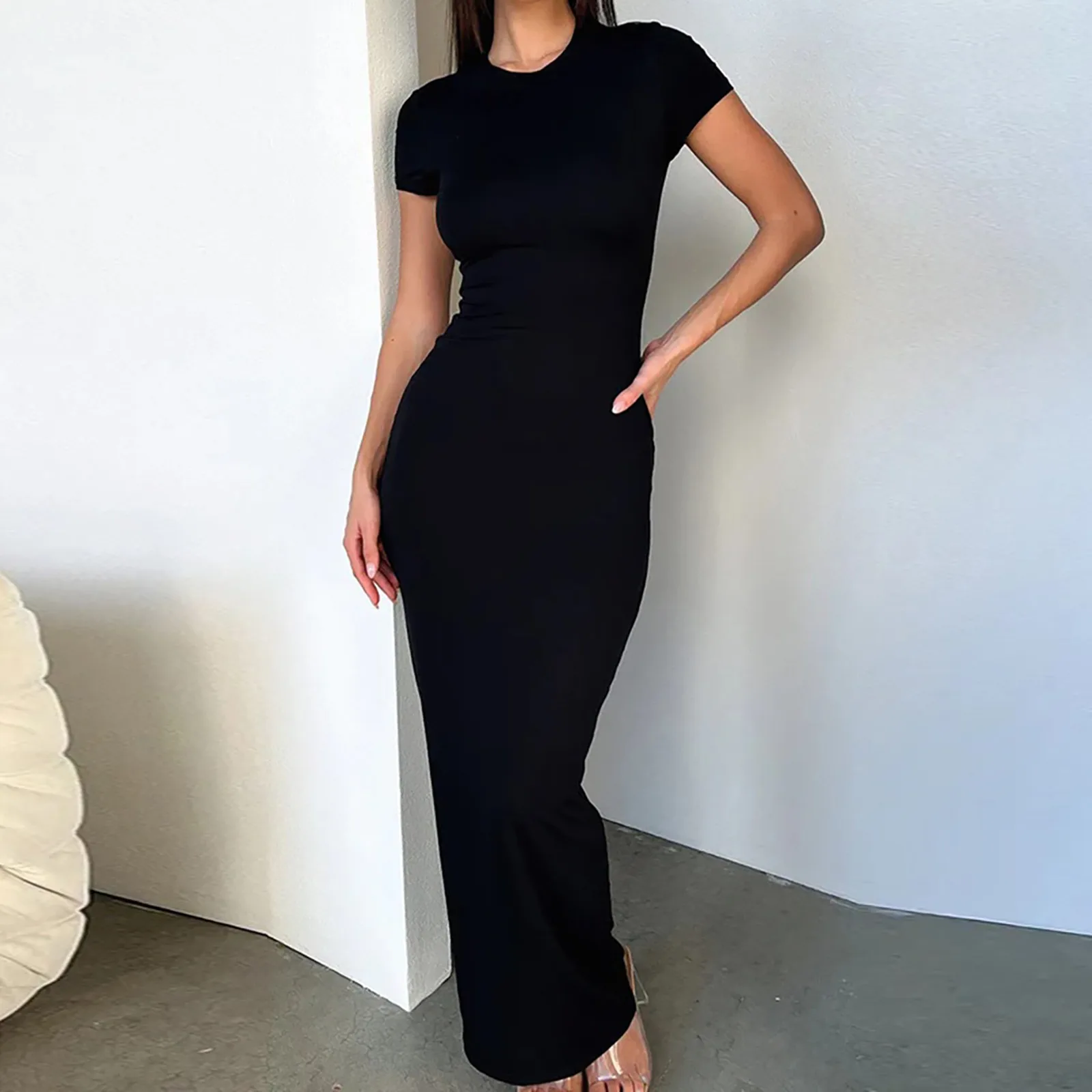 Solid Black White Skinny Long Dress Women’s Summer Fashion Plain Bodycon Maxi Tshirt Dress Ladies Simple Casual Slim Dresses
