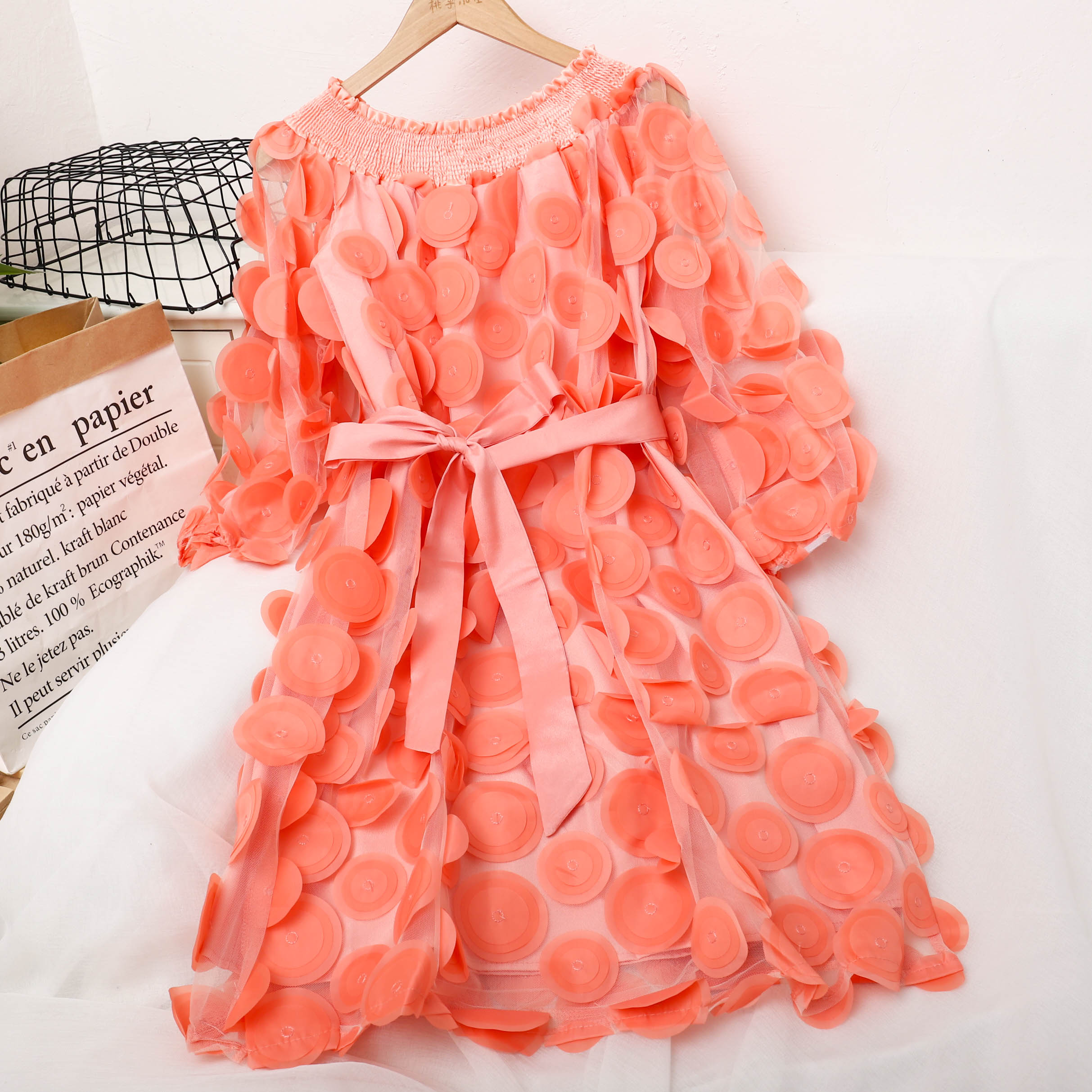 2023 Women Summer Slash Neck Puff Sleeve 3D Petals Flower Mesh Gauze Dress Lady Bandage Strap Elastic Ruffles Chiffon Chic Dress