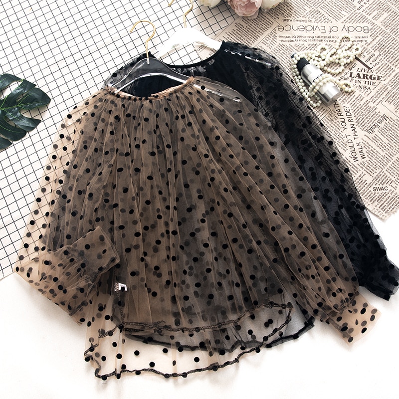 HISUMA Women O-neck Lantern Sleeve Pullover Embroidery Polka Dot Voile Basic Shirt New Elegant Lady Mesh Gauze Tulle Blouse Tops