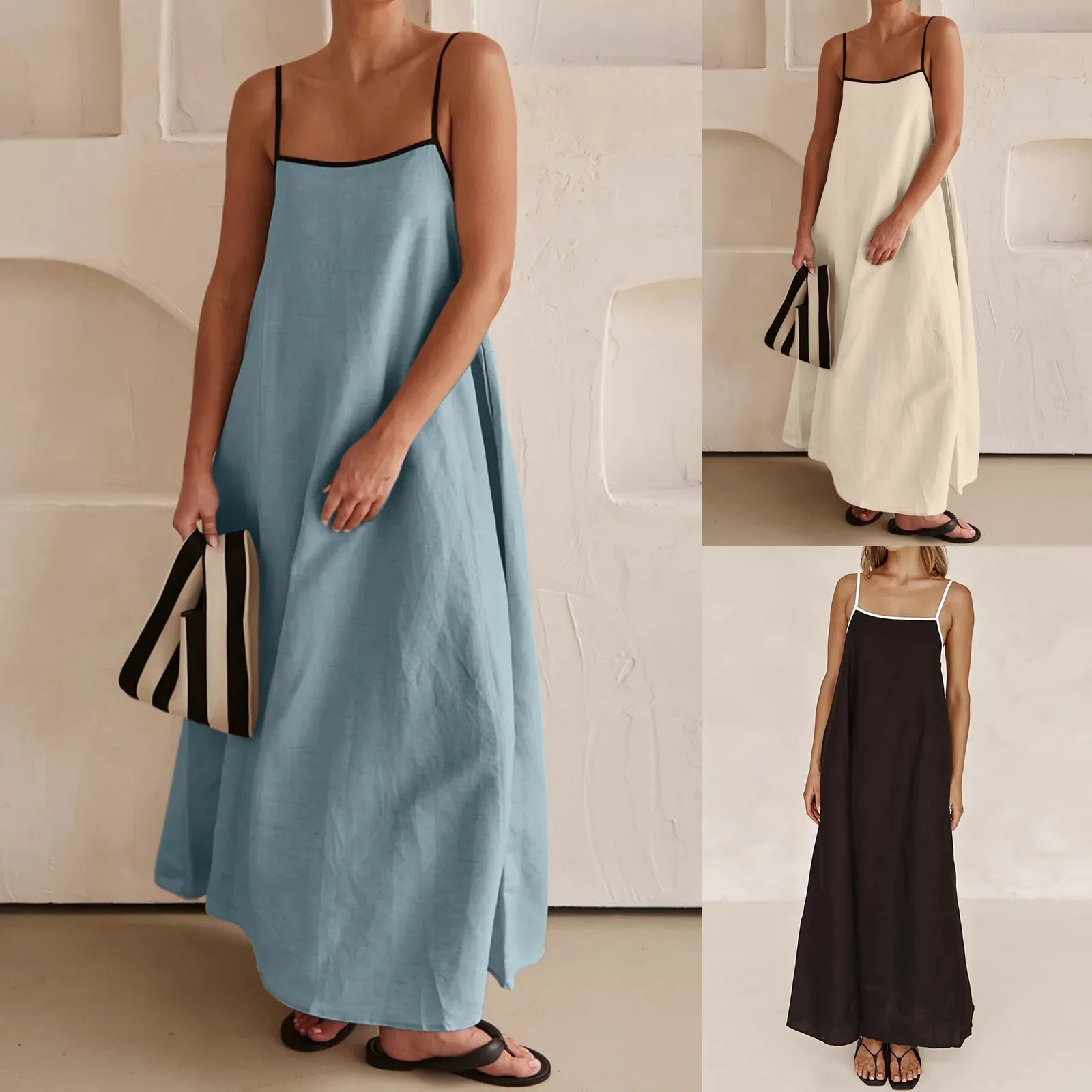 Women Oversized Maxi Dress Summer Basic Spaghetti Strap Backless Lace Up Tank Dress Flowy Casual Nightdress Loose Long Vestidos