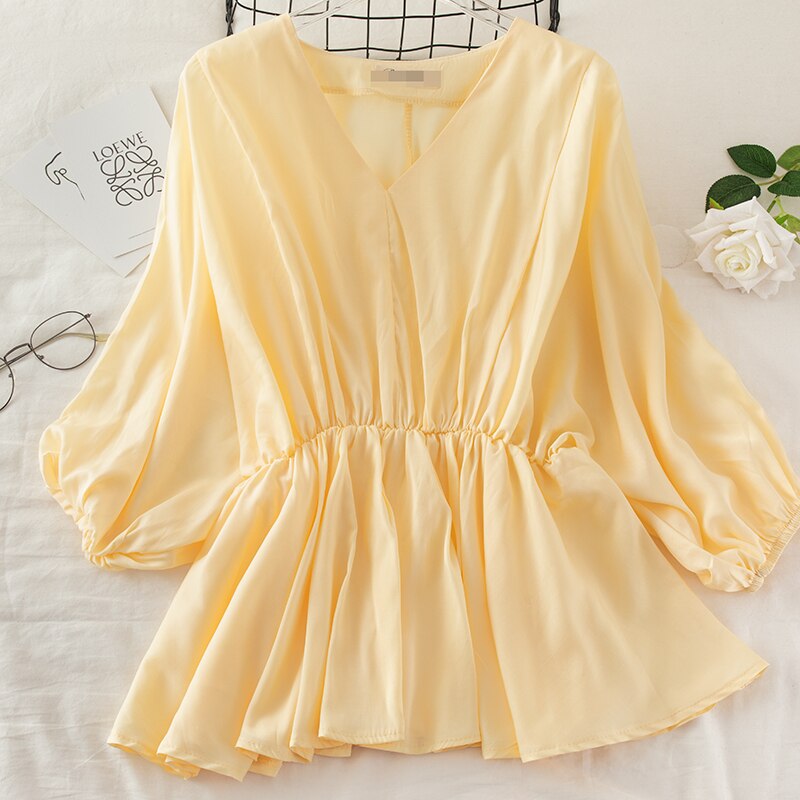 2020 Women Summer V-neck Half Lantern Sleeve Basic Ruffles Shirt Elegant Lady Elastic Slim Pleated Pullover Chiffon Blouse Tops