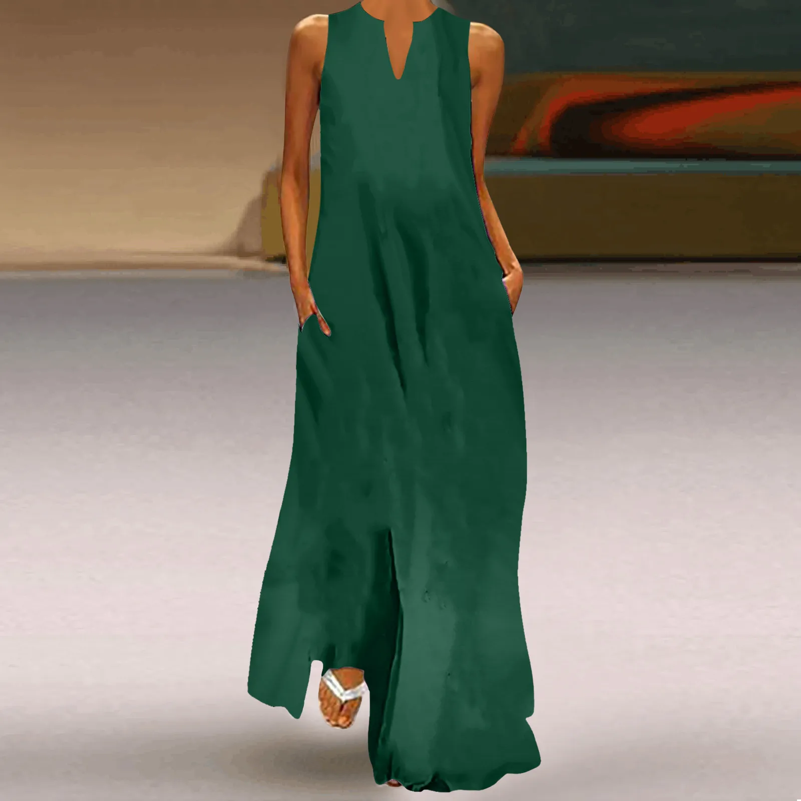 Elegant Beach Long Dress For Women Summer Sleeveless V Neck Maxi Dress Summer Casual Swing T-Shirt Dresses For Ladies 2024