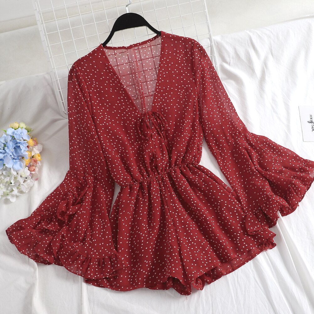 Women V-Neck Flare Sleeve Polka Dot Rompers Jumpsuits Casual Bohemian Slim High Waist Lace Up Bandage Ruffles Chiffon Playsuits