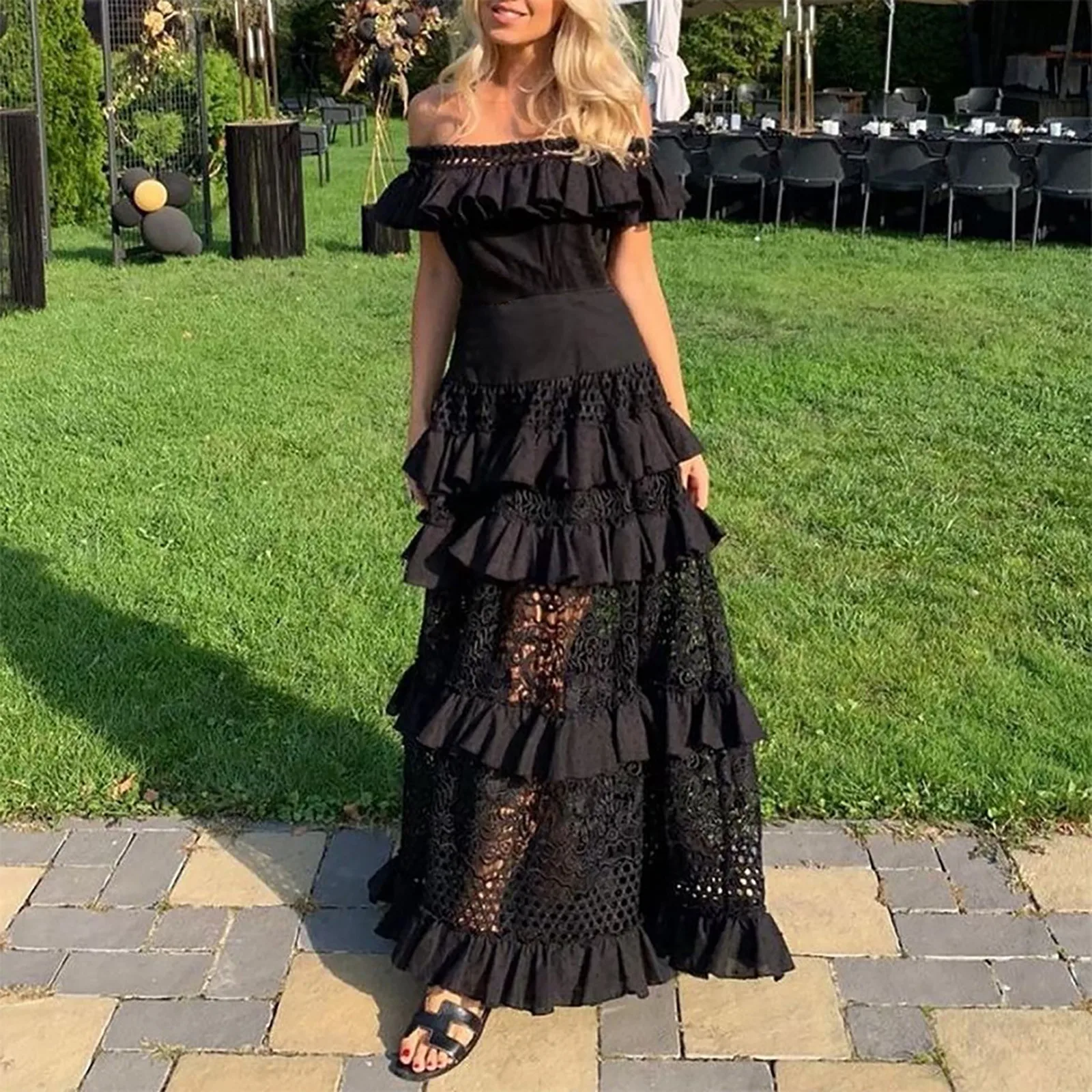 Elegant Off Shoulder Solid Ruffle Long Evening Dress Summer Fashion Sleeveless Swing Dress Classic Lace Hollow Party Sexy Dress