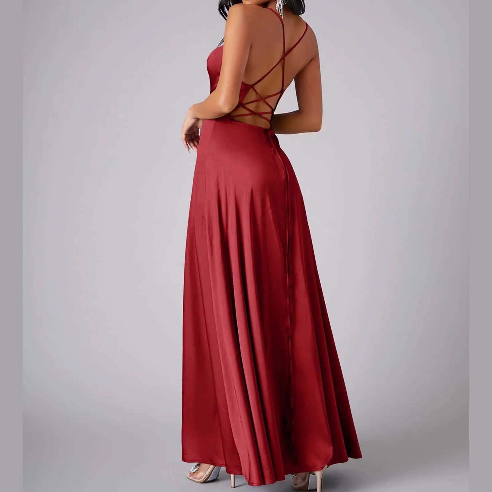 Chiffon Train Women Dress Summer Tank Top Sleeveless Pleated Tank Long Dress Backless Lace Up Sexy Side Slit Dresses 원피스