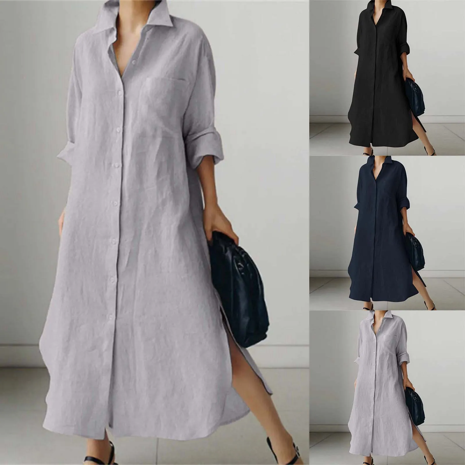 Oversized Shirts Dress Women Lapel Baggy Single Breasted Cotton Linen Dress Side Slit Long Sleeve Cardigan Curved Hem Long Dress