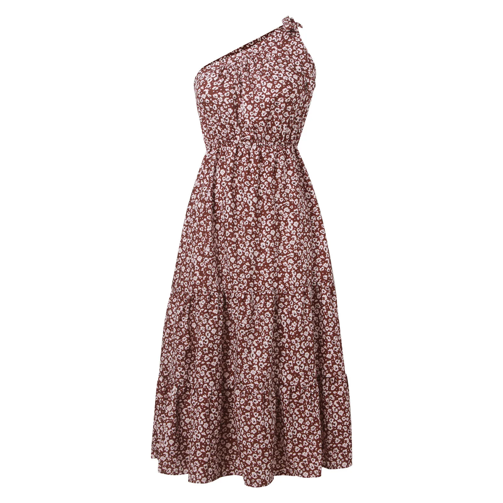 Women Bohemian Floral Dress Sexy One Shoulder Beach Holiday Lace Up Maxi Dresses Summer A Line Ruffles Tunic Dress Ropa De Mujer