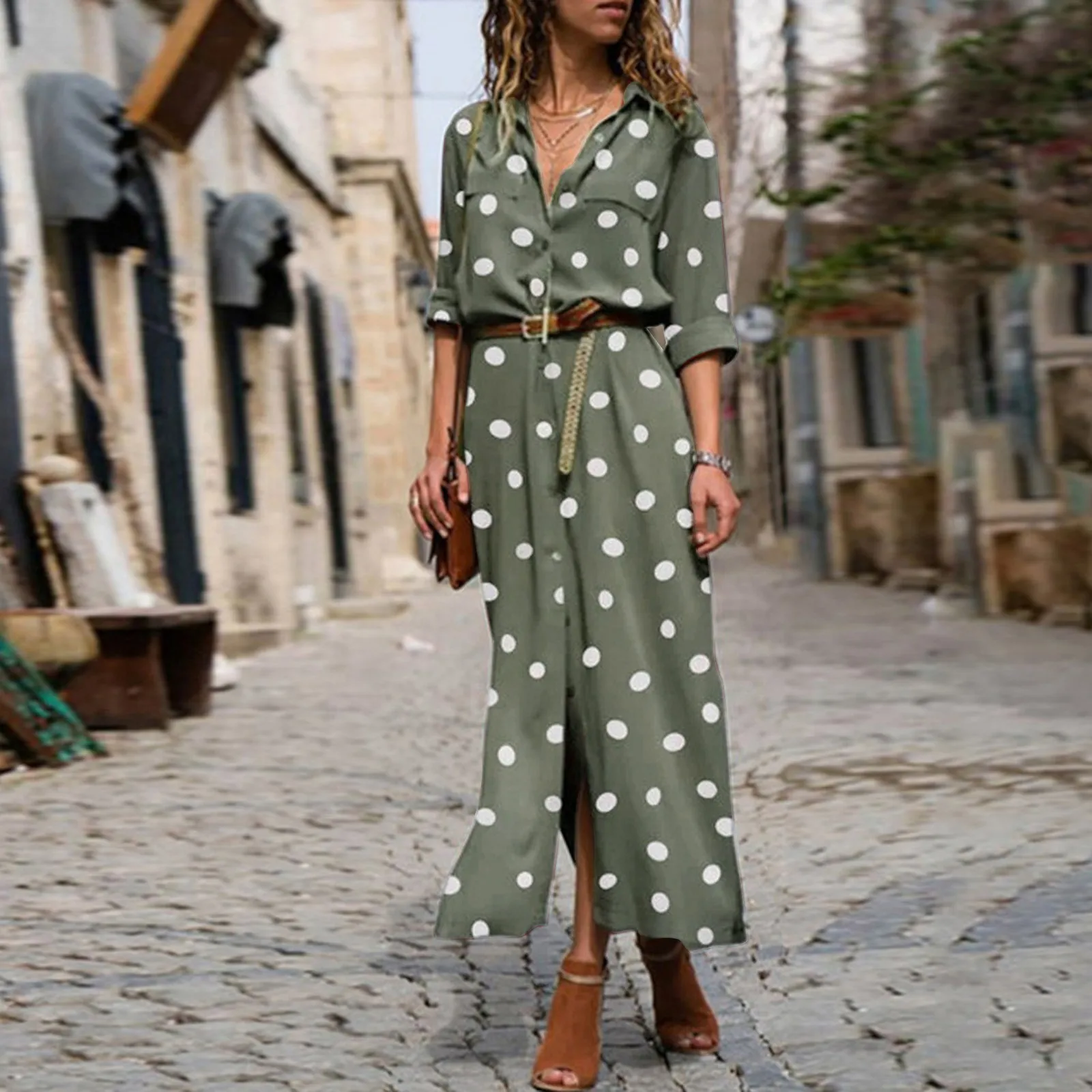 Long Sleeve Polka Dot Print Maxi Dresses Women’S Button Slit Long Flowy Shirt Dress Korean Street Trend Outfits Vestido Feminino