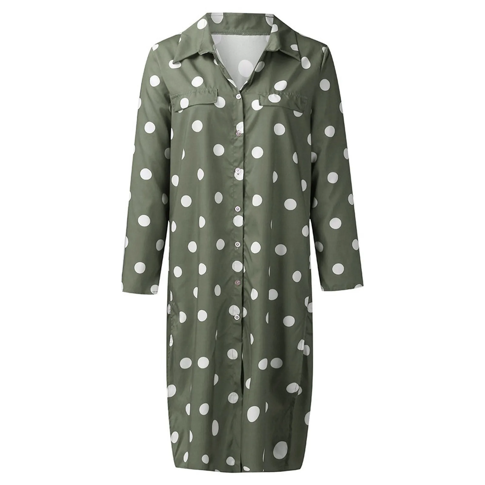 Long Sleeve Polka Dot Print Maxi Dresses Women’S Button Slit Long Flowy Shirt Dress Korean Street Trend Outfits Vestido Feminino