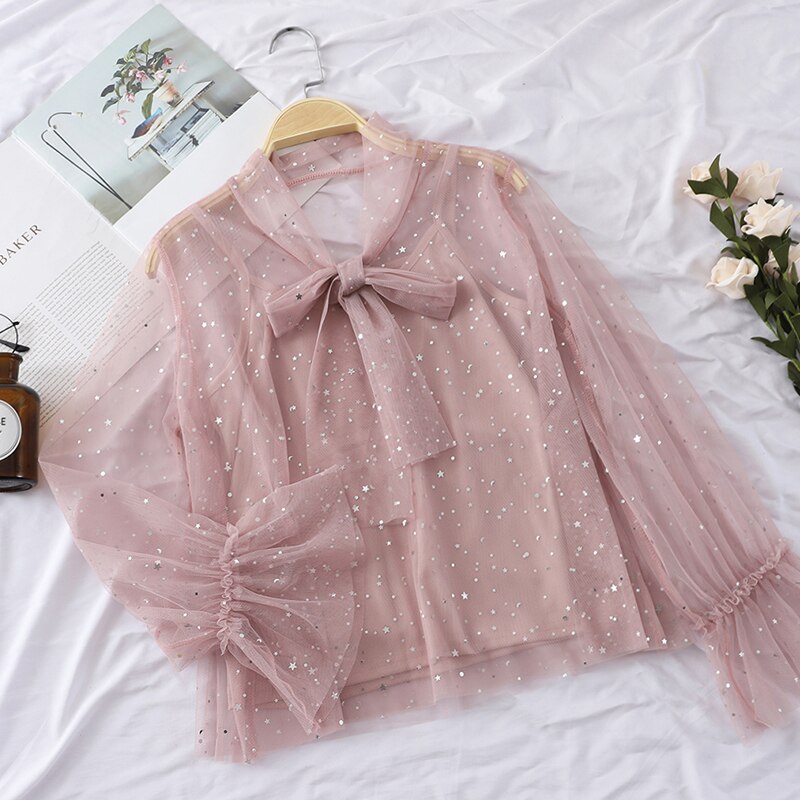 2PCS Women Flare Sleeve Bling Star Sequin Voile Basic Bow Shirt Vintage Elastic Bandage Strap Mesh Gauze Tulle Lace Blouse Tops