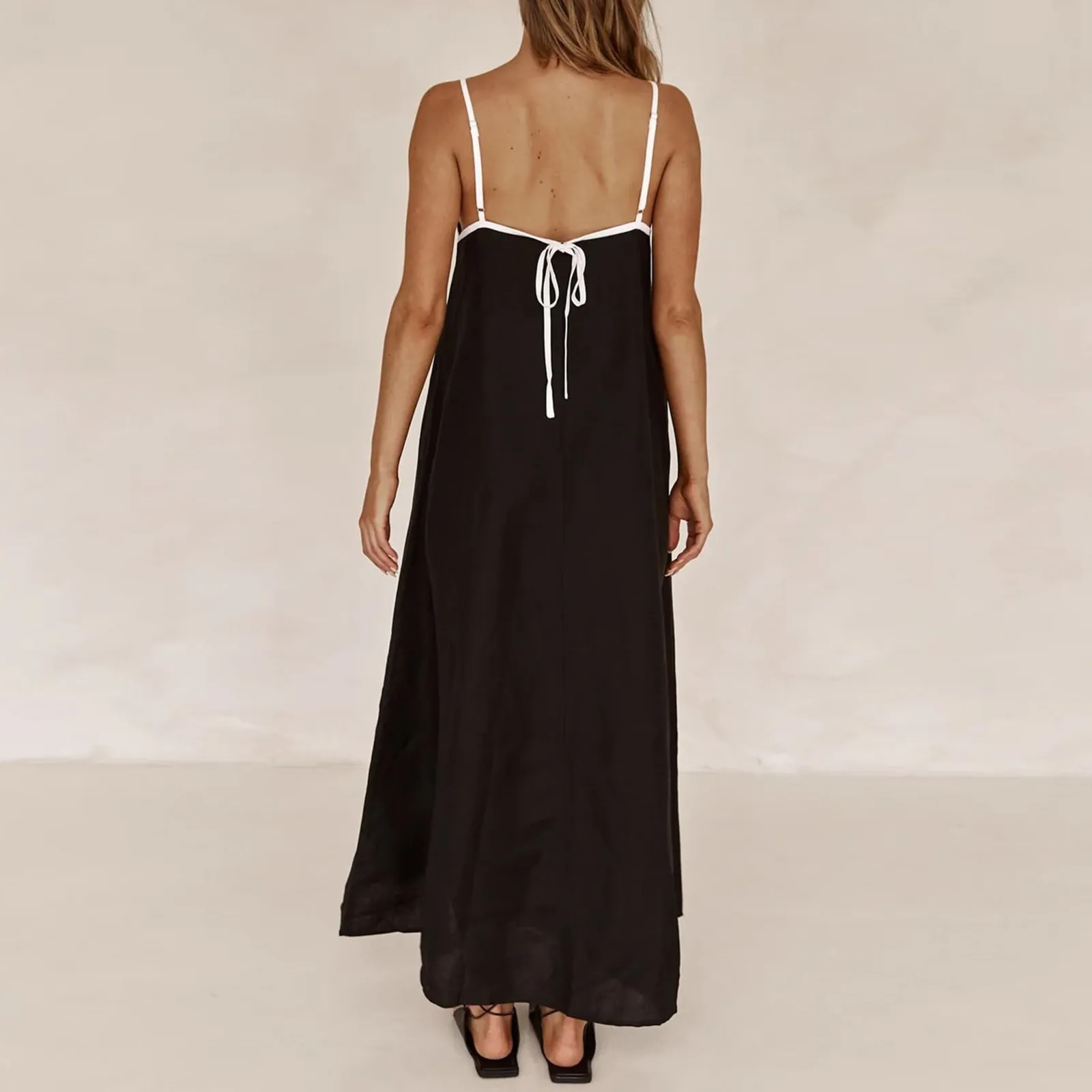 Women Oversized Maxi Dress Summer Basic Spaghetti Strap Backless Lace Up Tank Dress Flowy Casual Nightdress Loose Long Vestidos