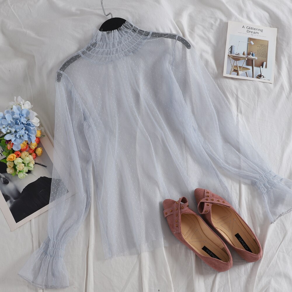 Autumn Women Flare Sleeve Embroidery Polka Dot Lace Basic Ruffles Shirt Lady Elastic Slim Mesh Gauze Pullover Chic Blouse Tops