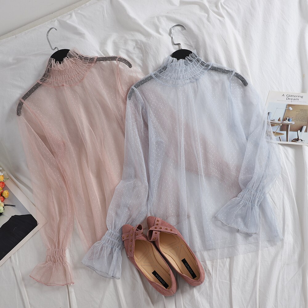 Autumn Women Flare Sleeve Embroidery Polka Dot Lace Basic Ruffles Shirt Lady Elastic Slim Mesh Gauze Pullover Chic Blouse Tops