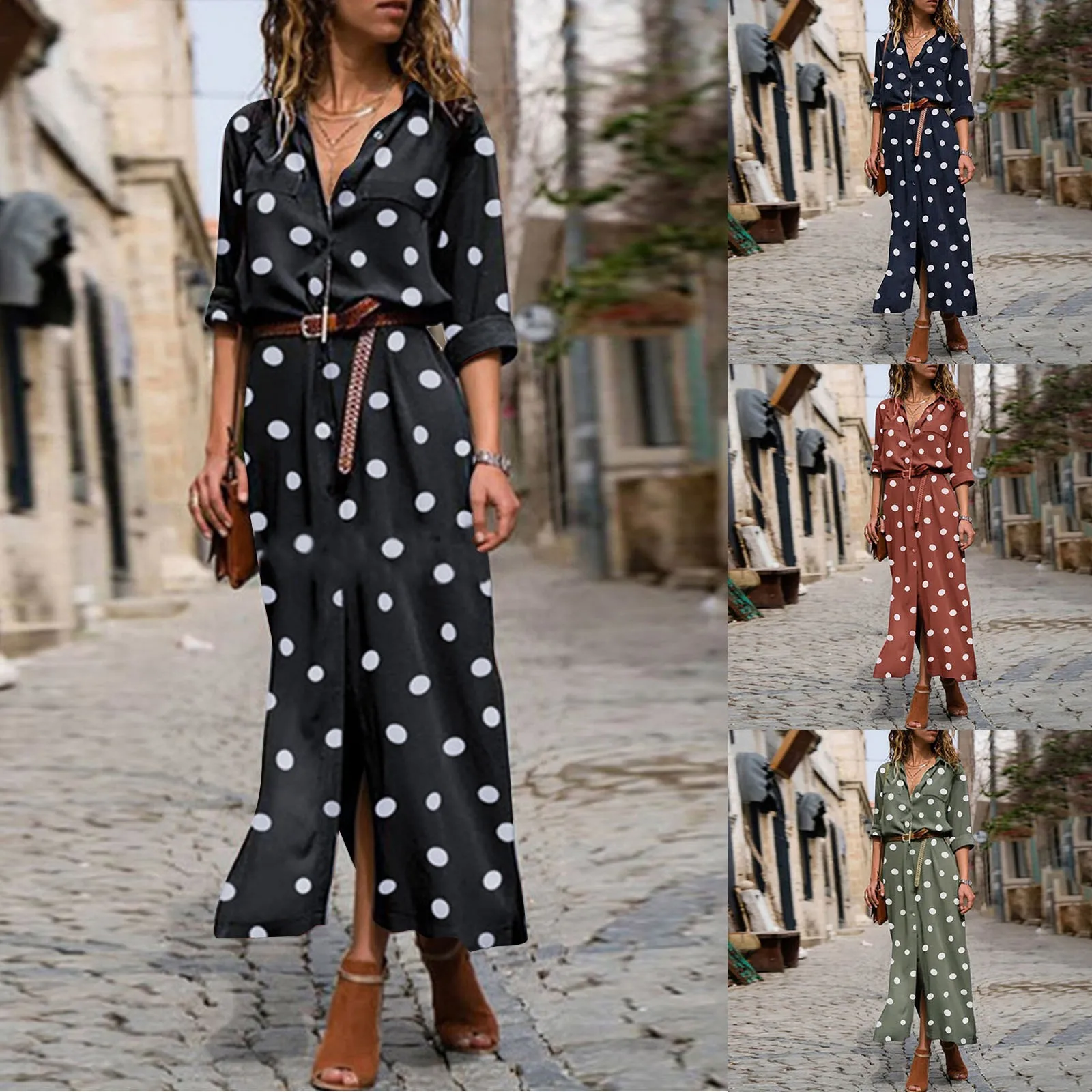 Long Sleeve Polka Dot Print Maxi Dresses Women’S Button Slit Long Flowy Shirt Dress Korean Street Trend Outfits Vestido Feminino