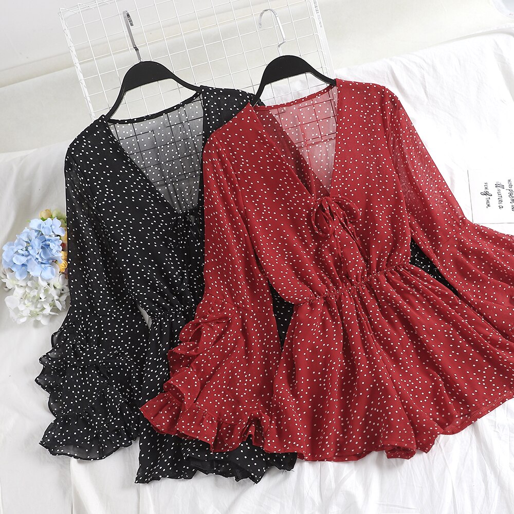 Women V-Neck Flare Sleeve Polka Dot Rompers Jumpsuits Casual Bohemian Slim High Waist Lace Up Bandage Ruffles Chiffon Playsuits