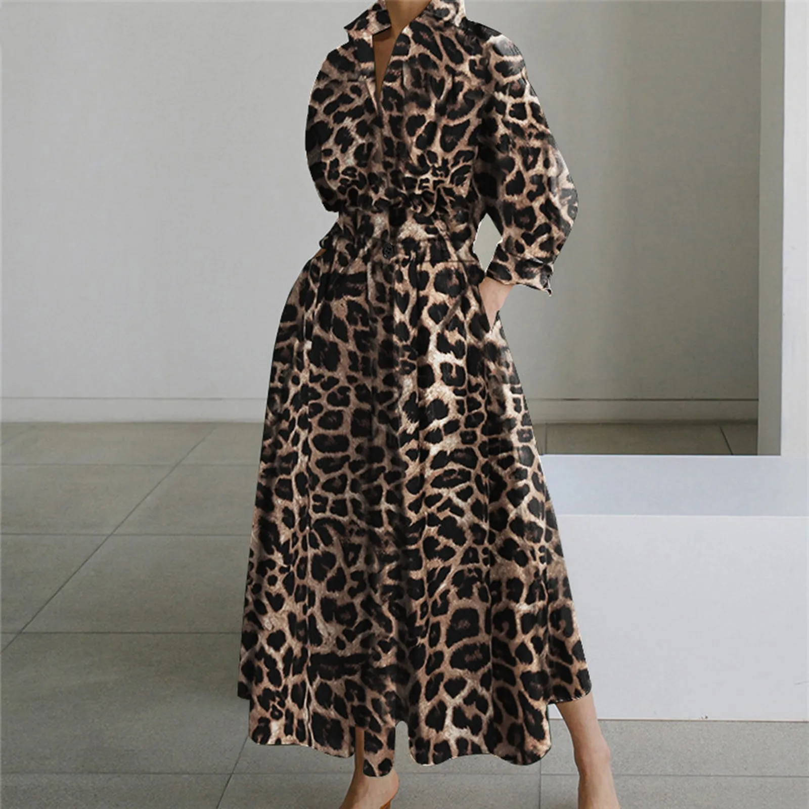 Leopard Print Long Sleeved Shirt Dress For Women Elegant Sexy Clothing High Waist Tunic Ruffle Hem Flowy Long Dress With Pockets