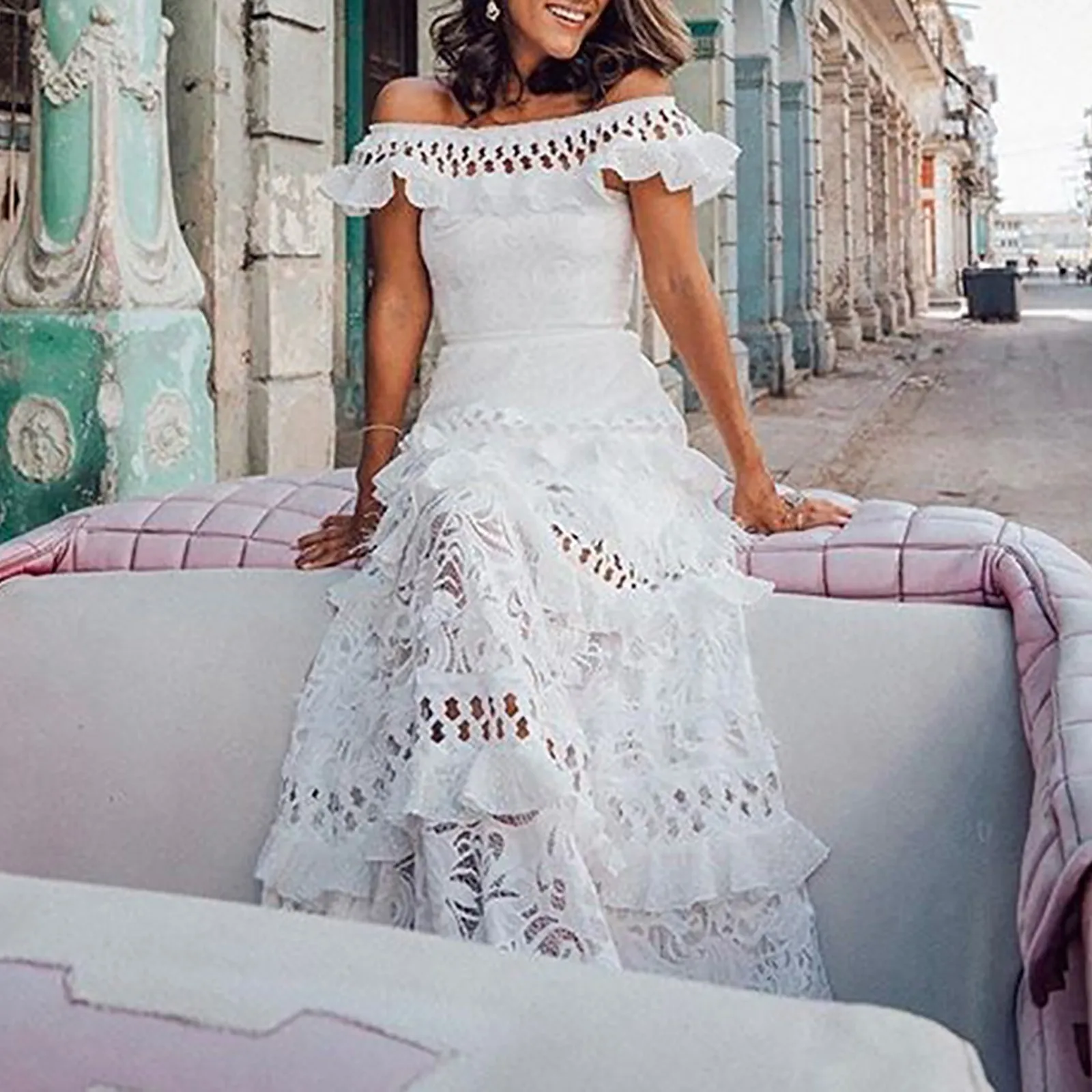 Elegant Off Shoulder Solid Ruffle Long Evening Dress Summer Fashion Sleeveless Swing Dress Classic Lace Hollow Party Sexy Dress