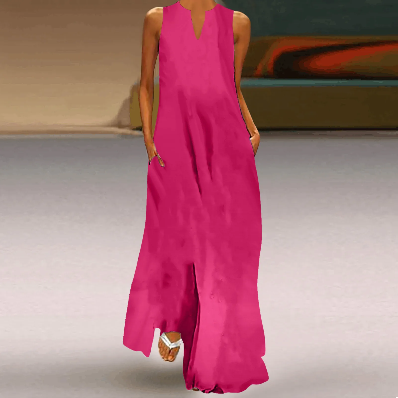 Elegant Beach Long Dress For Women Summer Sleeveless V Neck Maxi Dress Summer Casual Swing T-Shirt Dresses For Ladies 2024