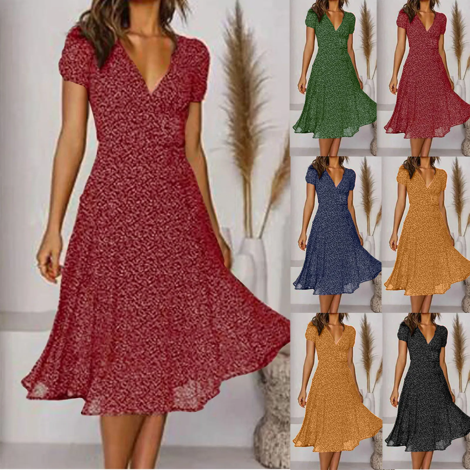 Women’s Casual Polka Dot Printed Midi Dress Vintage V-Neck Short Sleeve Party Dresses Vestitos Summer Boho Beach Sundress