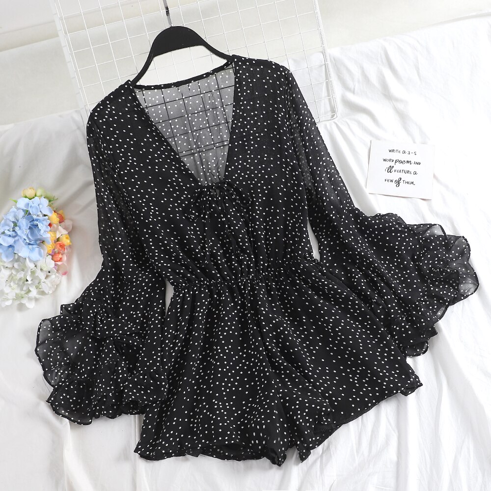 Women V-Neck Flare Sleeve Polka Dot Rompers Jumpsuits Casual Bohemian Slim High Waist Lace Up Bandage Ruffles Chiffon Playsuits