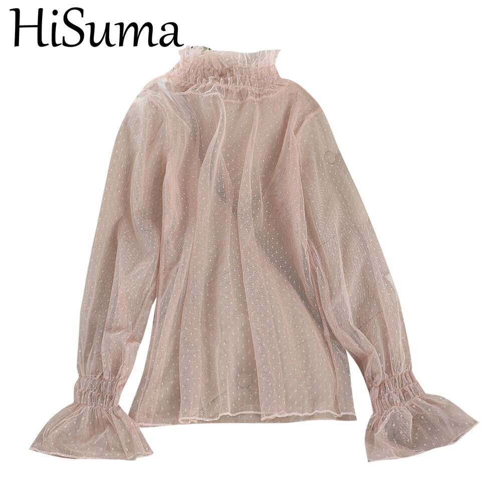 Autumn Women Flare Sleeve Embroidery Polka Dot Lace Basic Ruffles Shirt Lady Elastic Slim Mesh Gauze Pullover Chic Blouse Tops