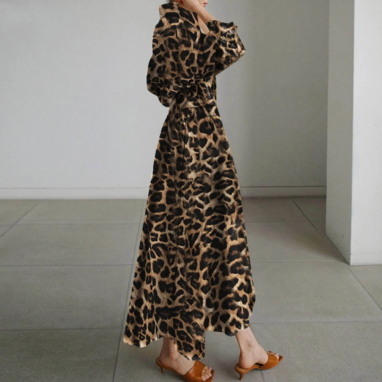 Leopard Print Long Sleeved Shirt Dress For Women Elegant Sexy Clothing High Waist Tunic Ruffle Hem Flowy Long Dress With Pockets