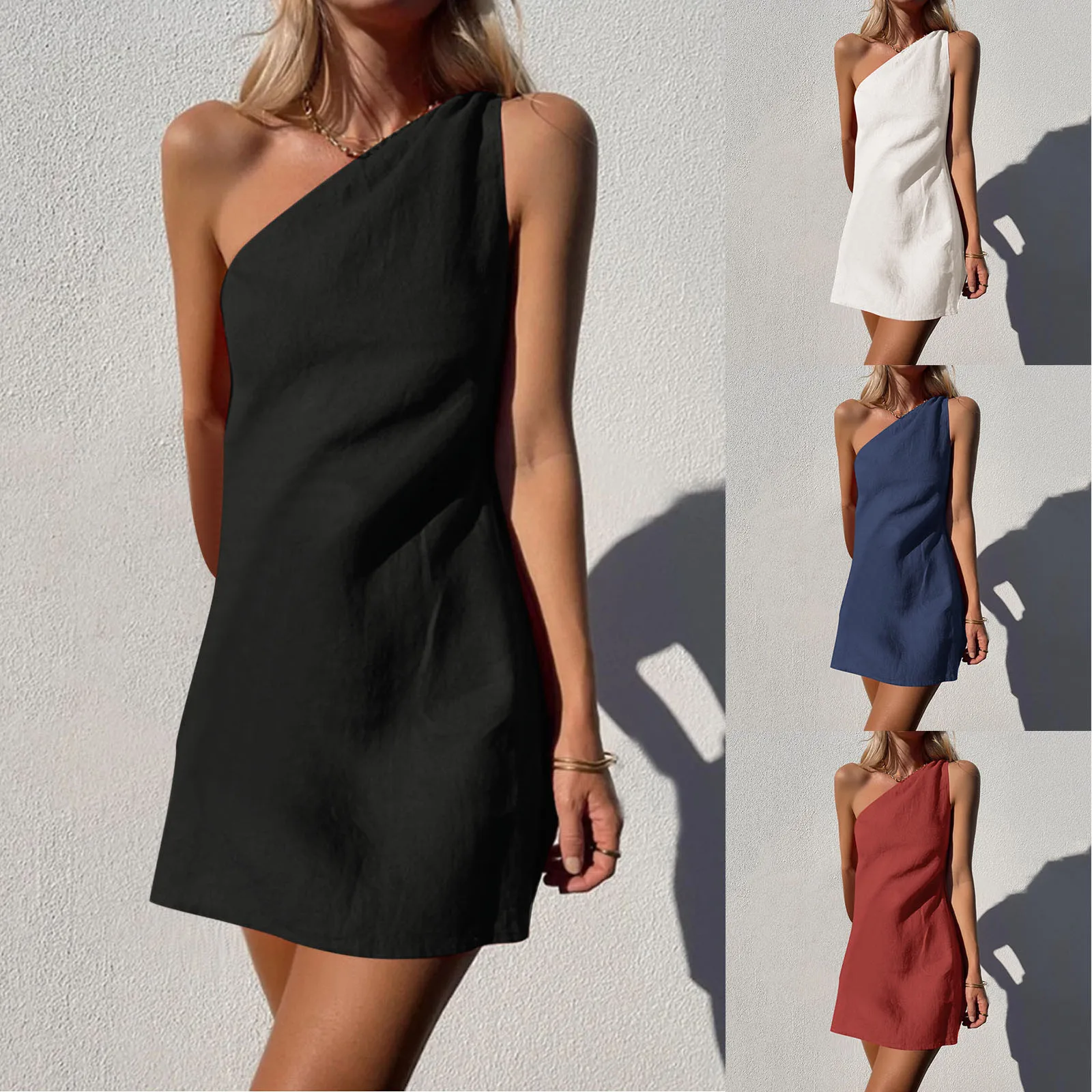 One Shoulder Ladies Casual Dress Solid Color Slim Cotton Dress Fashion Temperament Summer Dresses Elegant Women Short Dresses
