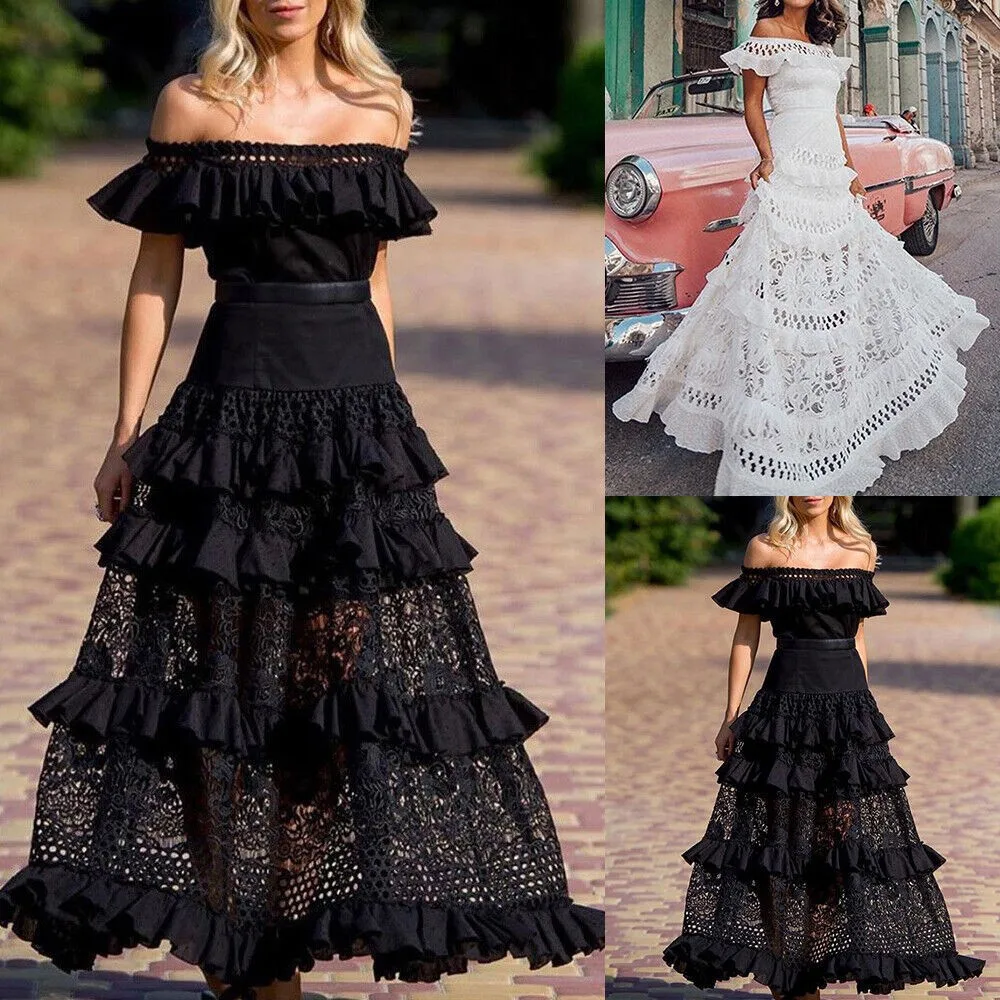 Elegant Off Shoulder Solid Ruffle Long Evening Dress Summer Fashion Sleeveless Swing Dress Classic Lace Hollow Party Sexy Dress