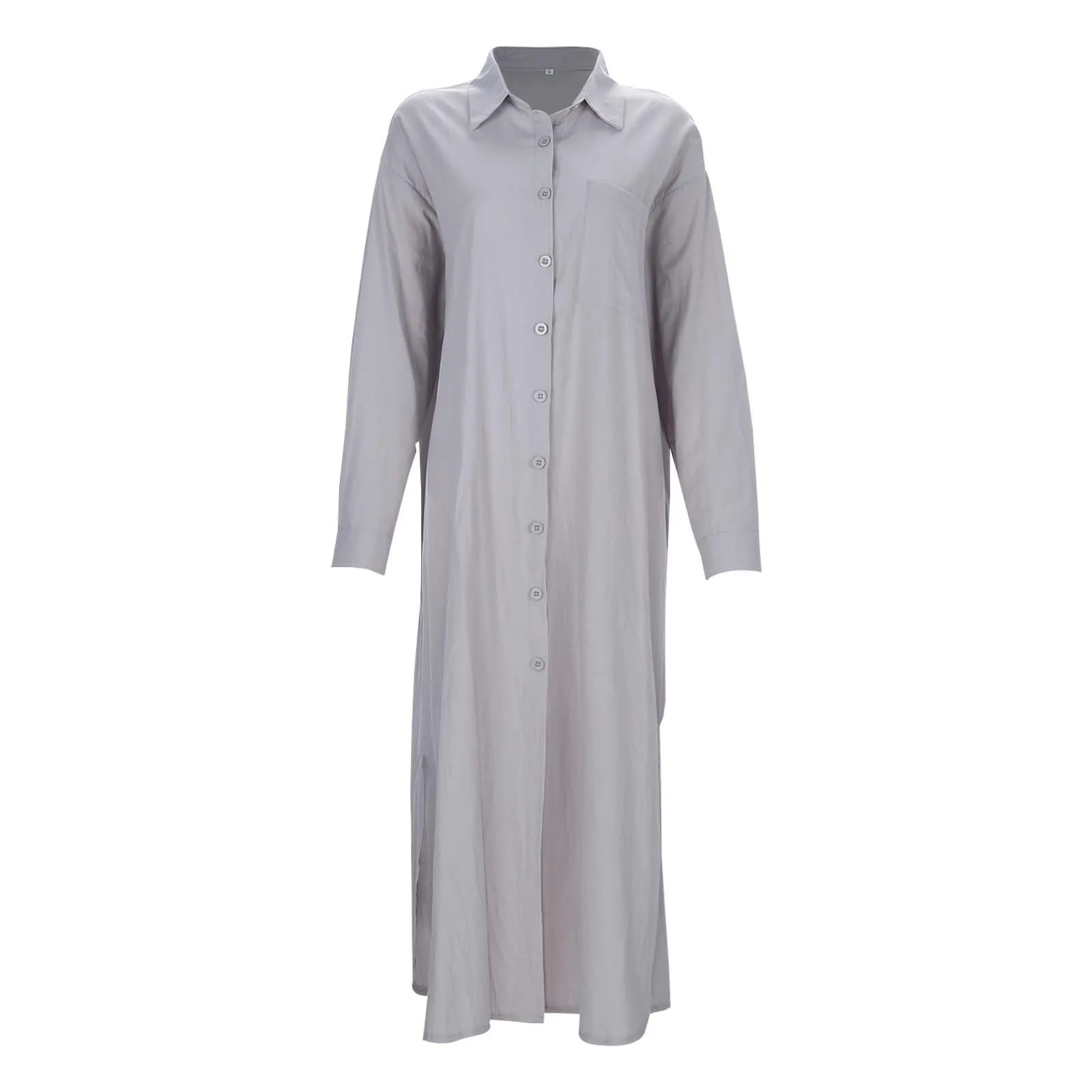 Oversized Shirts Dress Women Lapel Baggy Single Breasted Cotton Linen Dress Side Slit Long Sleeve Cardigan Curved Hem Long Dress
