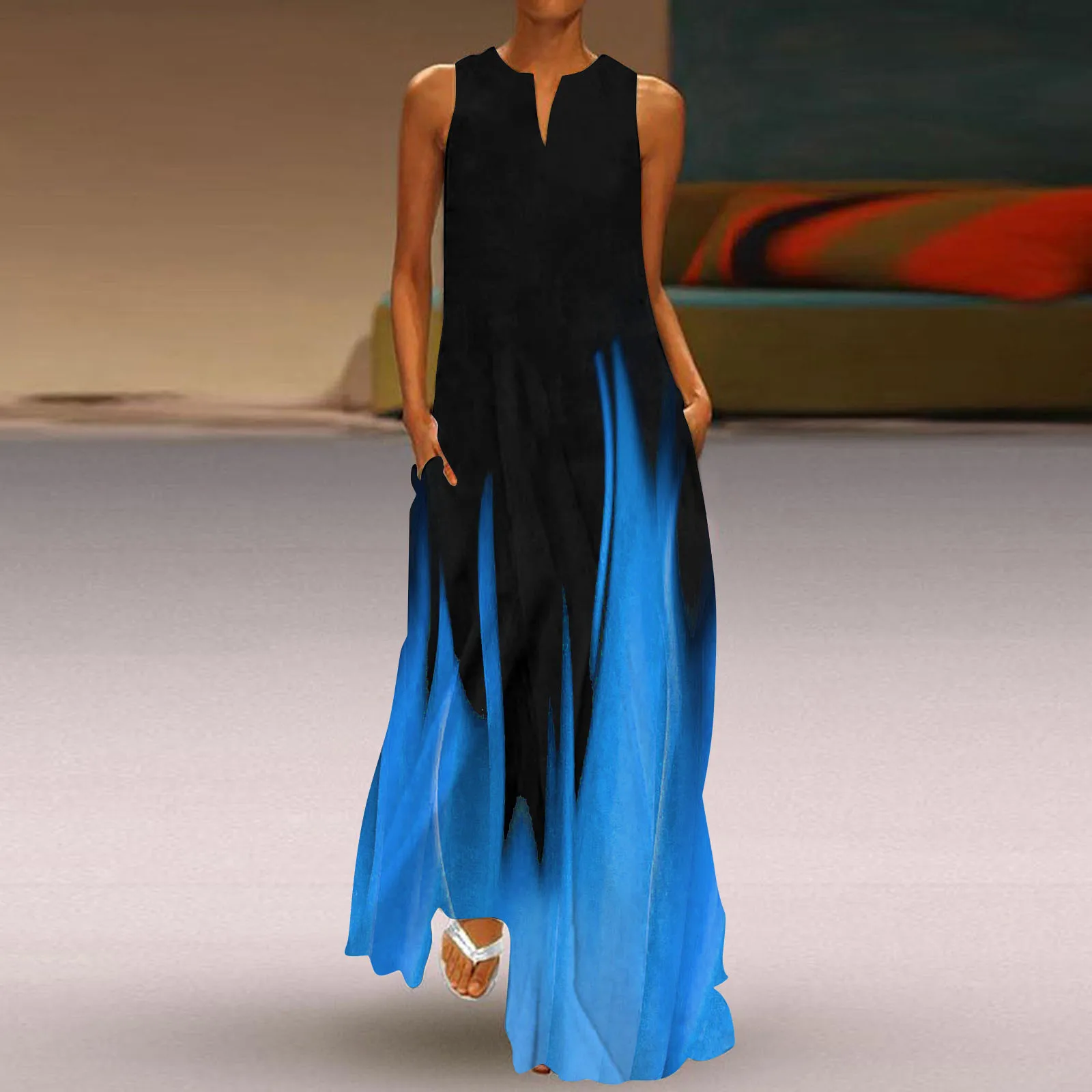 Casual Sleeveless Print V Neck Loose Tank Summer Outfits For Womens Dress Boho Beach Long Sundress With Pockets Women’S Clothing