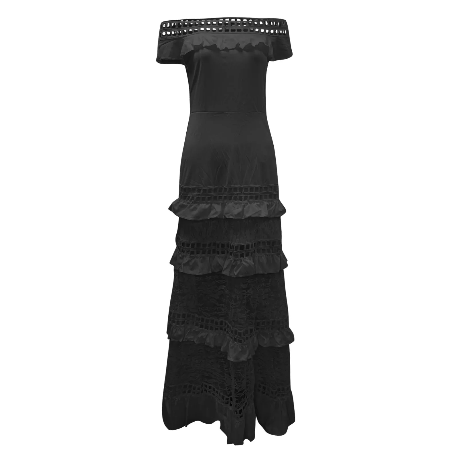 Elegant Off Shoulder Solid Ruffle Long Evening Dress Summer Fashion Sleeveless Swing Dress Classic Lace Hollow Party Sexy Dress