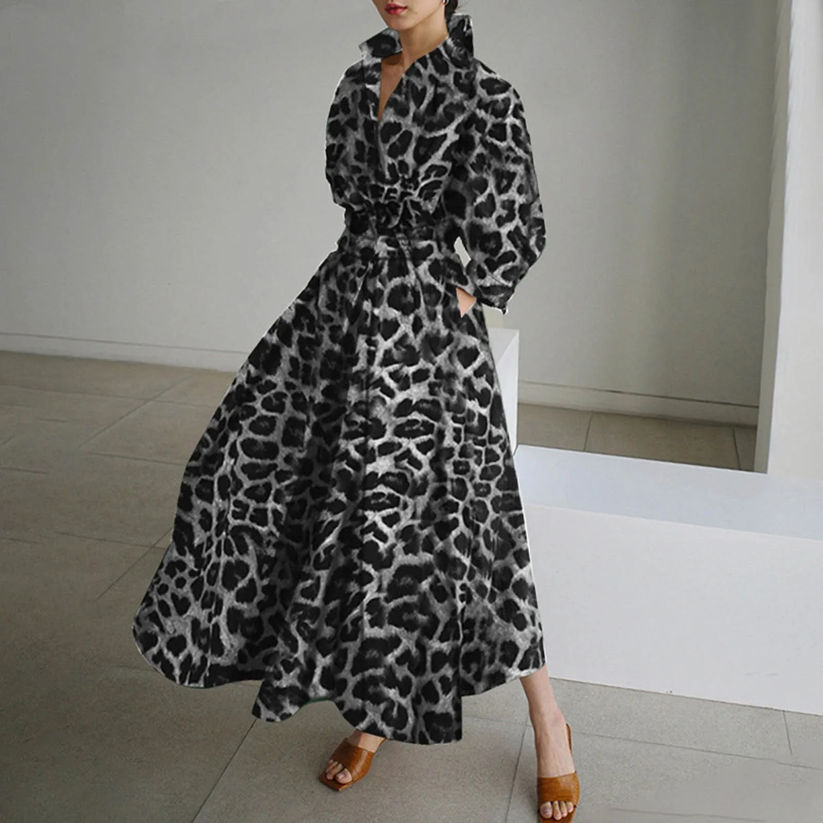 Leopard Print Long Sleeved Shirt Dress For Women Elegant Sexy Clothing High Waist Tunic Ruffle Hem Flowy Long Dress With Pockets