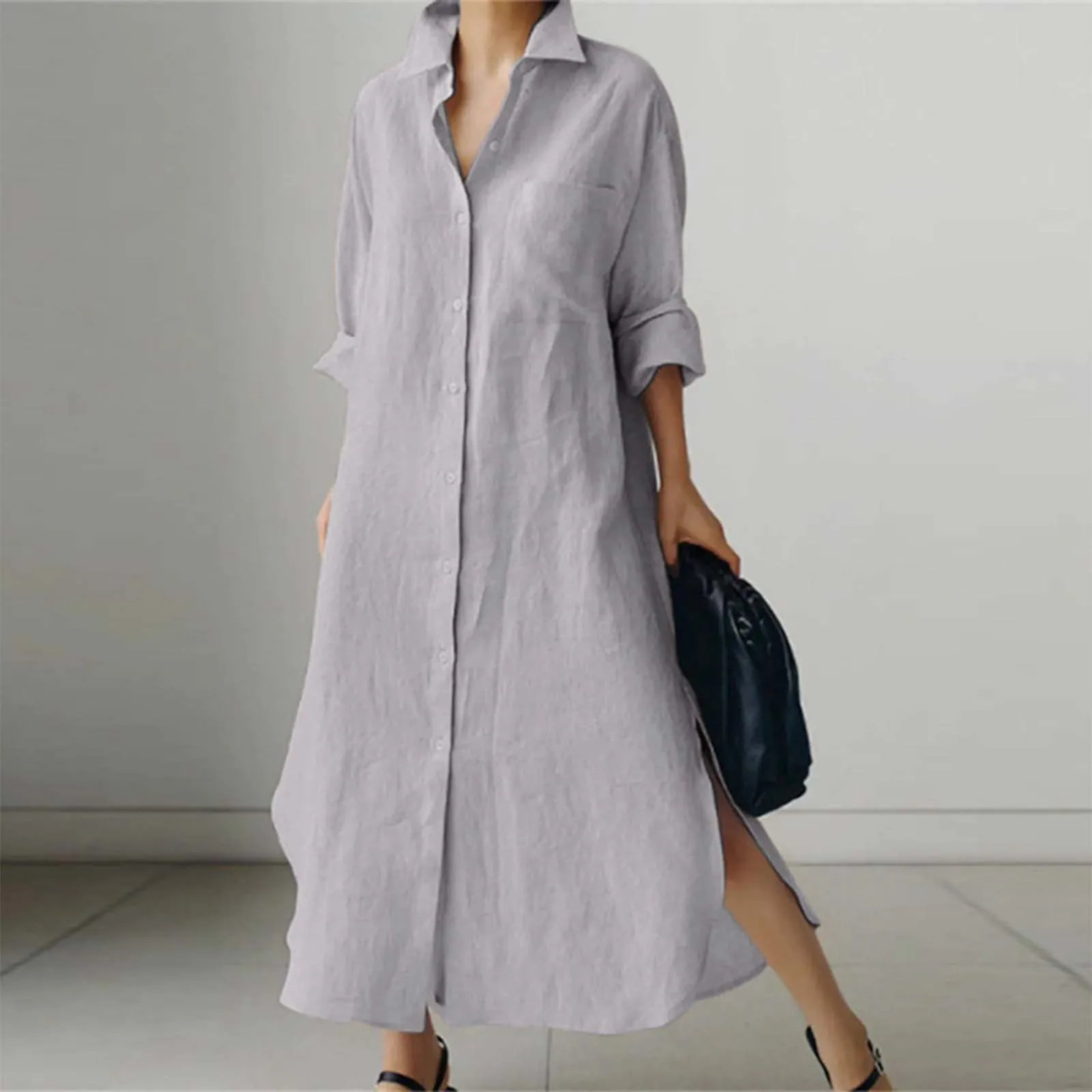 Oversized Shirts Dress Women Lapel Baggy Single Breasted Cotton Linen Dress Side Slit Long Sleeve Cardigan Curved Hem Long Dress