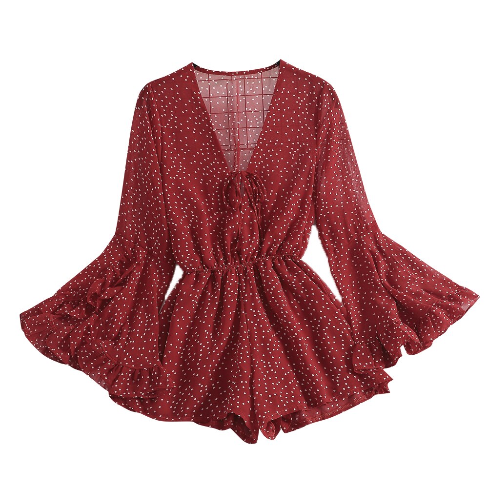 Women V-Neck Flare Sleeve Polka Dot Rompers Jumpsuits Casual Bohemian Slim High Waist Lace Up Bandage Ruffles Chiffon Playsuits