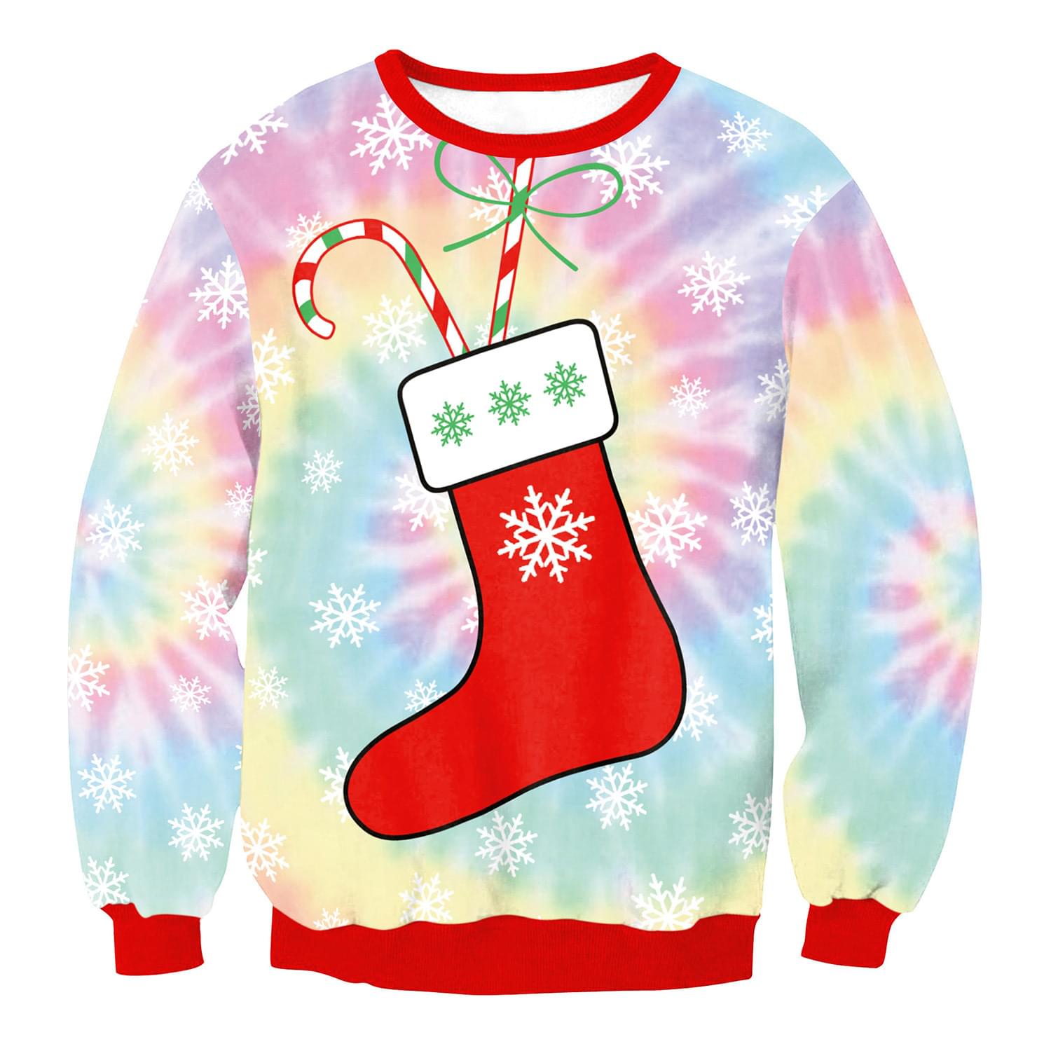 Unisex Tie Dye Christmas Stocking Print Couple Xmas Pullover