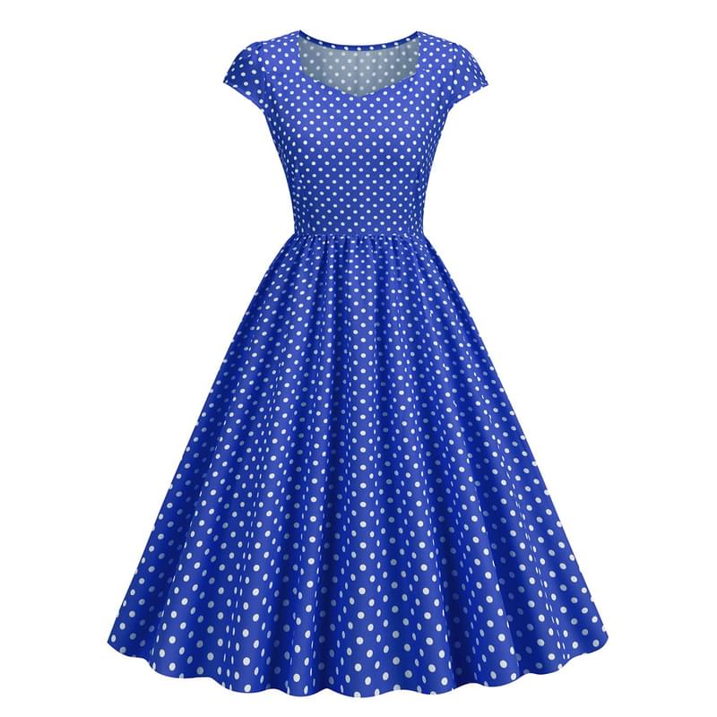 Women Short Sleeve Polka Dot Flare Vintage Dress Navy Blue
