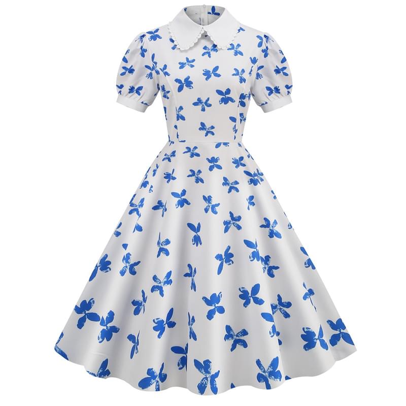 Women Collar Neck Butterfly Print Flare Retro Dress Blue