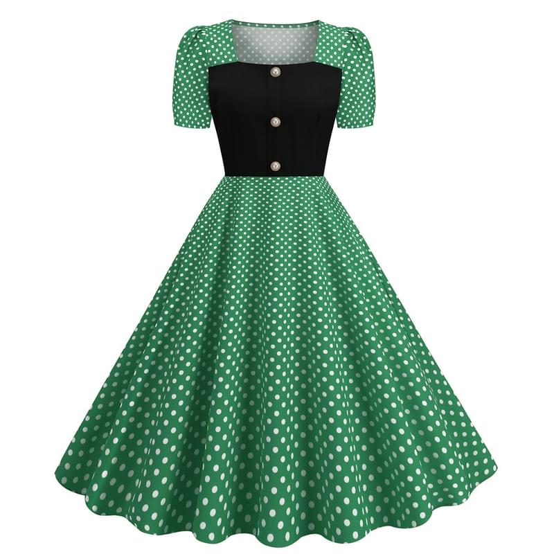 Women Short Sleeve Square Neck Polka Dot Flare Vintage Dress Gre
