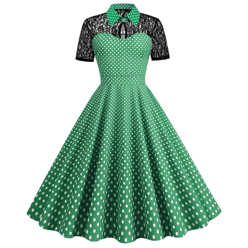 Women Polo Neck Polka Dot Flare Vintage Dress Green With Lace