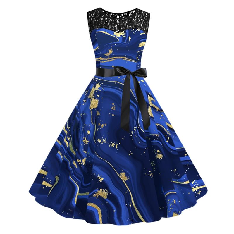 Women Blue Liquid Marble Tie Waist Flare Vintage Dress