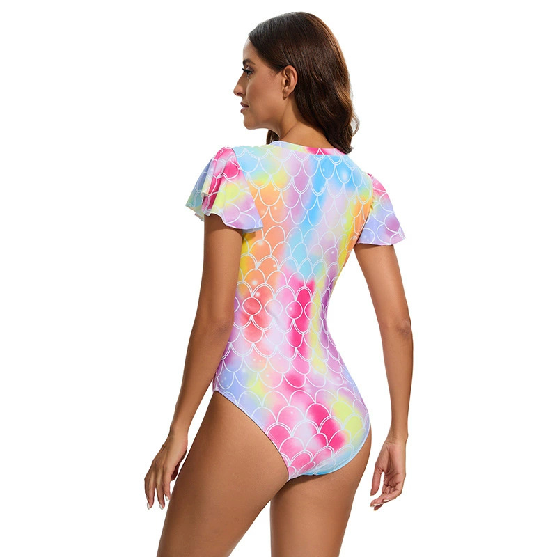 Women Fish Scales Print Zipper One Piece Swimsuits