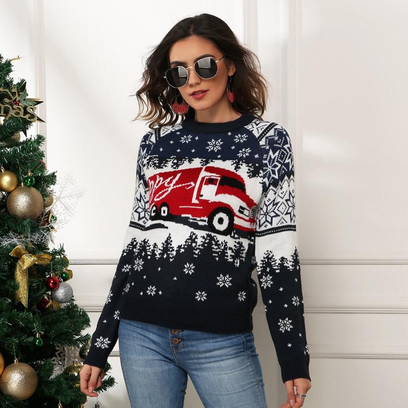 Women'S Cute Happy Car Snowflake Print Christmas Sweater