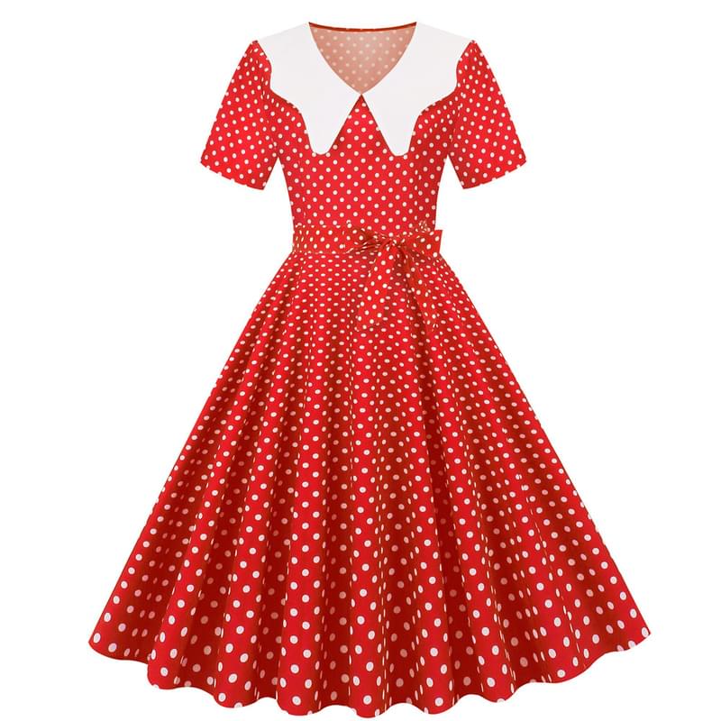 Women Tie Waist Polka Dot Flare Retro Dress Red